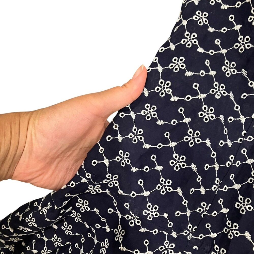 J Crew Mini Eyelet Shirt Dress Womens 10 Navy Blue Sleeveless Button Front Godet - Picture 8 of 13